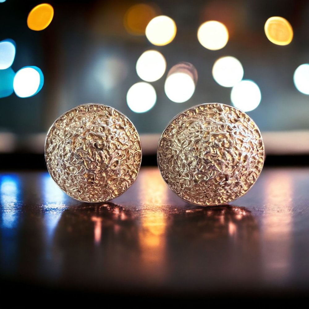 Vintage 80s Gold Tone Clip On Earrings Textured Dome Round Chunky 1.25"